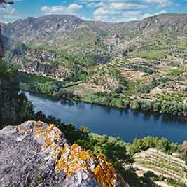 Home Foto genomen vanaf de top van het uitzichtpunt Benifallet met de rivier de Ebro, bergen en finca's op de oevers van de rivier
