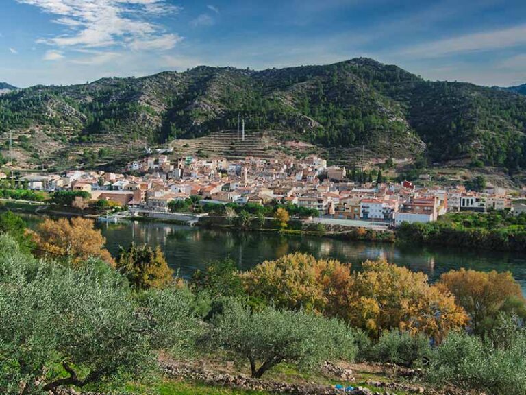 Discovering Benifallet: Our Little Catalan Treasure by the Ebro Photo of the village of Benifallet taken from across the Ebro River with views of the mountains under a blue sky